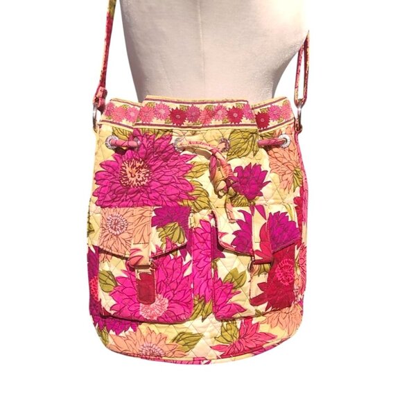 Vera Bradley Hello Dahlia Pink Floral Cotton Quilted Drawstring Shoulder Bag 12" - Picture 5 of 14